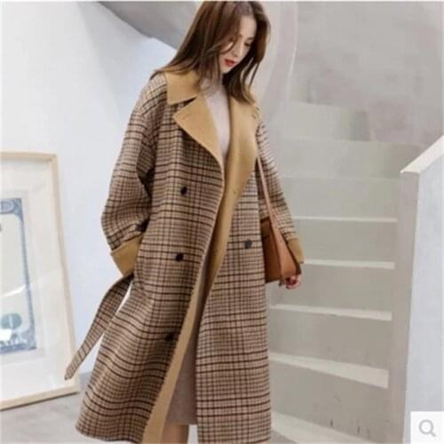 Fashion plaid coat Women jacket Autumn New Double-breasted Long Korean Harajuku plaid woolen coat women