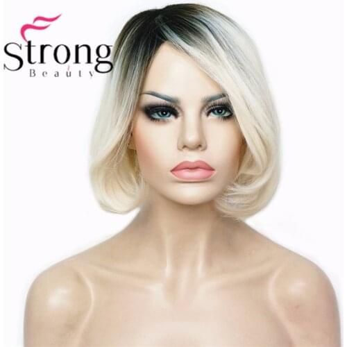 StrongBeauty Womens Ombre Bob Style Short Straight Hair Wig Platinum Blonde/Dark roots Synthetic Natural Full Wigs