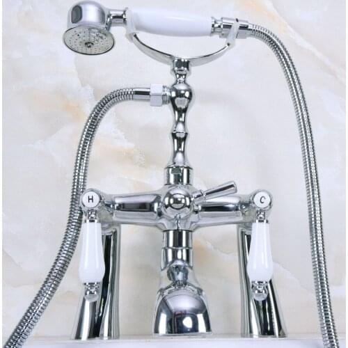 Polished Chrome Bathroom Shower Taps Deck Mounted Clawfoot Bath Tub Faucet Dual Handle Mixer Tap with Handheld Shower Wna110
