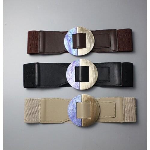 Luxury Black Waistbands for dress Wide Elastic Faux Leather Belt Stretch Waistband Vintage Square alloy Buckle Waist Seal coat