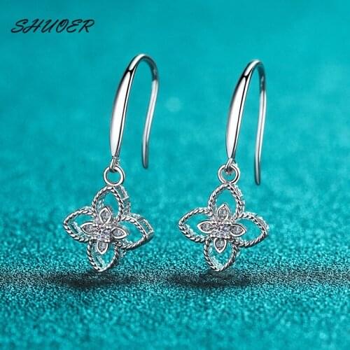 Classic 925 Sterling Silver Brilliant Cut 0.1 ct Pass Diamond Tester D Color Moissanite Cute Plant Drop Earrings Women Jewelry