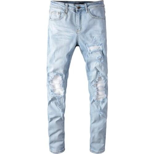 SEVEYFAN 2021 Mens Skinny Biker Jeans Blue Broken Hole Patchwork Denim Pants for Male