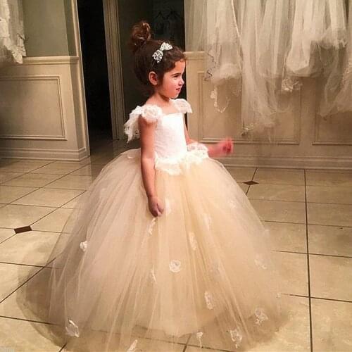 Champagne Flower Girl Dresses Floral Applique Girls Pageant Dresses First Communion Wedding Party Gown