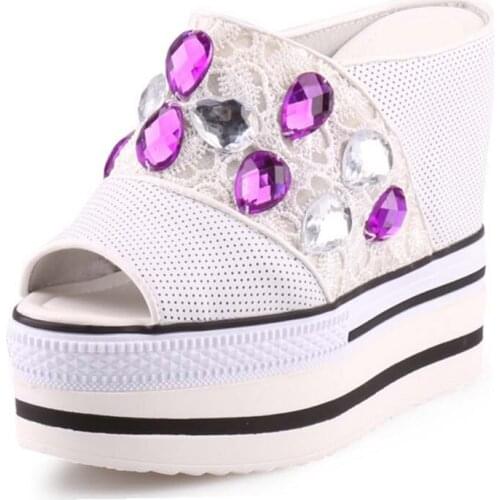 Top quality genuine leather wedges slides luxury lace beading rhinestone open toe half slippers casual platform sandals shoes