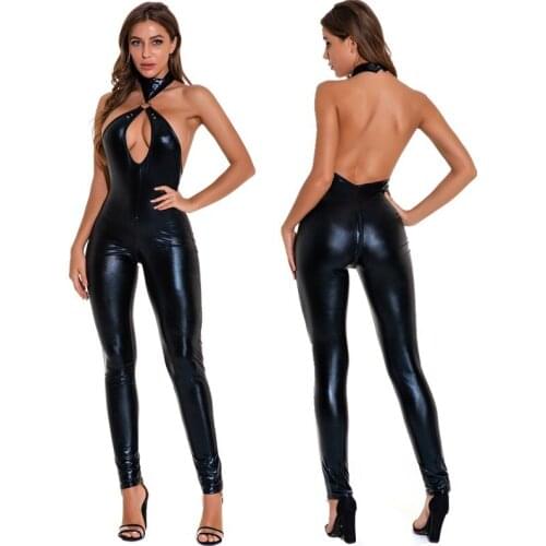 Sexy Zipper PU Leather Open Crotch Catsuit Women Sexy Halter Hollow Out Bodysuit Jumpsuit Romper Pole Dance Club Party Costumes