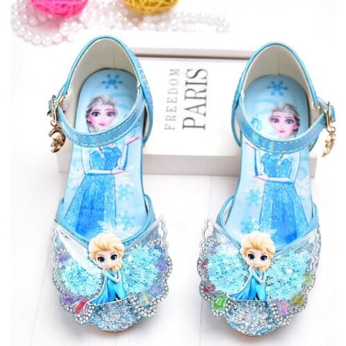 New Frozen Princess Kids Leather Shoes for Girls Bow Casual Shoes Glitter Children High Heel Girls Elsa Party Shoes