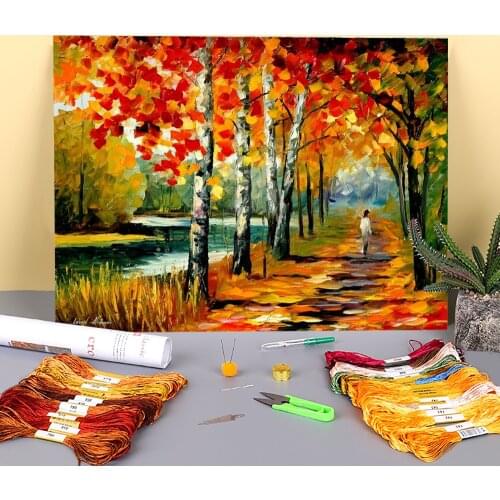 By The Lake Printed Water-Soluble Canvas 11CT Cross Stitch DIY Embroidery Full Kit DMC Threads Knitting Different