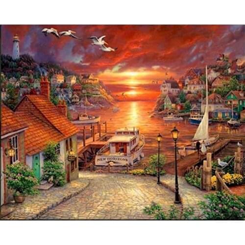 GATYZTORY Cross Stitch Embroidery Rural Scenery Needlework Sets House Landscape Kits Canvas DIY Home Decor 40x50cm