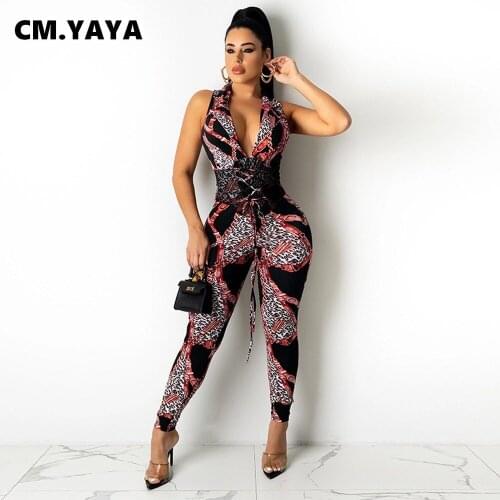 CM.YAYA Women Jumpsuit Print Sleeveless V-neck Lace Up Strechy Bodycon Pencil Jumpsuits One Piece Overalls Sexy Outfit Summer