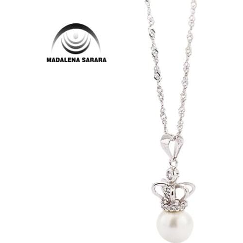 MADALENA SARARA 9-10mm AAA Freshwater Pearl Semi Round Angle Style Sterling Silver 925 Chain Necklace AAAA CZ inlaid