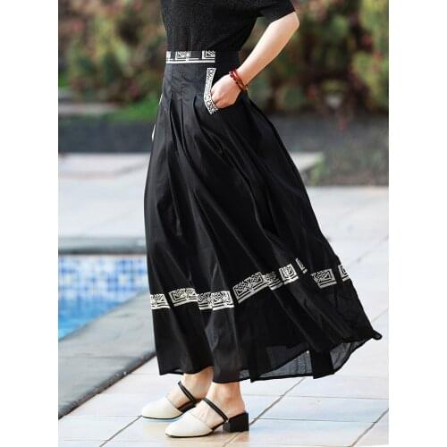 2020 embroidered Mori black umbrella skirt slim A- shape womens summer pleated dress