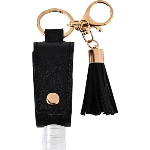 30ml Portable Empty Leakproof Plastic Travel Bottle for Hand Sanitizer with Tassels Leather Keychain Holder Carriers