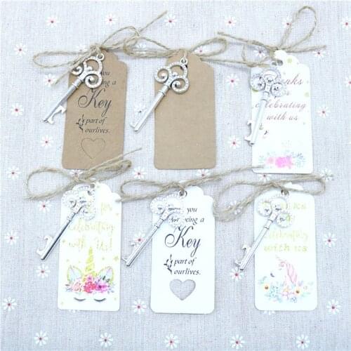 50 Pcs/Lot Silver Key Bottle Opener DIY Skeleton Wine Opener with Escort Tag Card Rustic Wedding Party Favor Souvenir Gifts