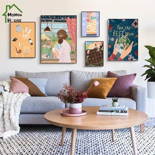 Abstract Love Family Cartoon Painting Son Sitting on Dads Shoulders Mom Dresses Up for Living Room Wall Art Poster Home Decor