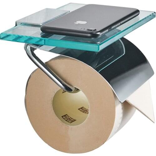 Bathroom Accessories Solid Brass Toilet Paper Holder with Glass Shelf Wall Mount Paper Towel Holder Toilet Roll Holder Chrome