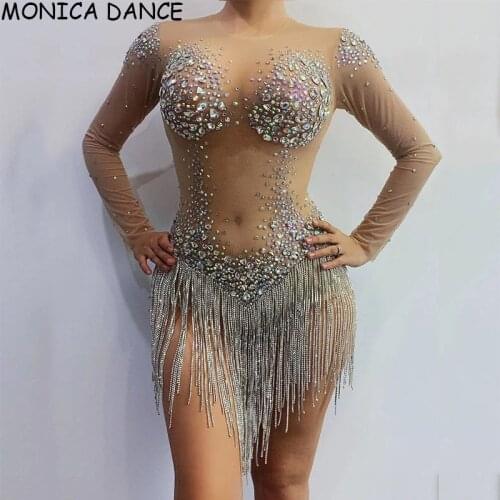 Sparkly Multi-color Rhinestones Fringe Transparent Bodysuit Dance Birthday Celebrate Long Sleeves Outfit Women Singer Bodysuit