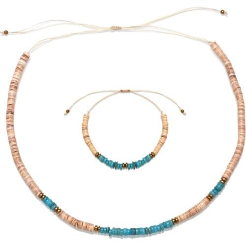 Boho 5mm Shell Heishi Beads Adjustable Surfer Necklace&Bracelet Pull Cord Natural Stones Hematite Waterproof Summer Set Jewelry