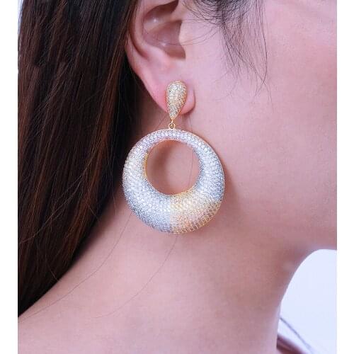 Fashion Big Round Circle Hollow CZ Drop Dangle Long Earrings For Women Wedding Bridal Jewelry aretes de mujer modernos