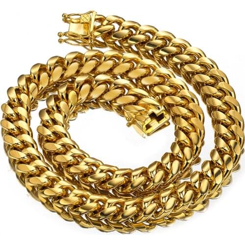 Gold Color Cuban Link Chain Necklace Or Bracelet For Men 15mm Stainless Steel Chunky Thick Heavy Curb Chains 8-30 Inch