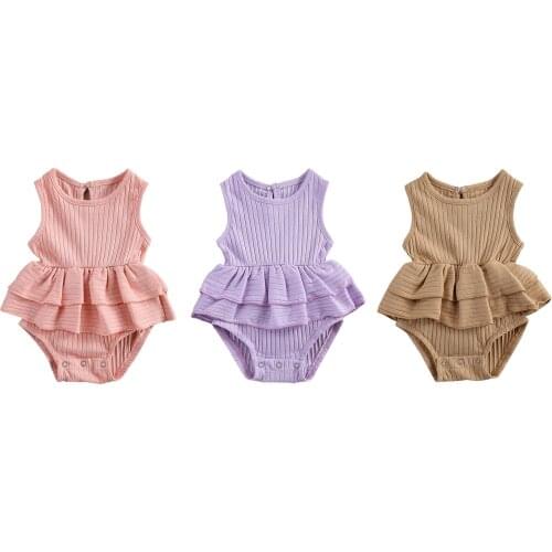 2021 Baby Summer Clothing Baby Girls Newborn Casual Ribbed Solid Romper Toddler Loose Sleeveless Round Neck Layered Playsuit