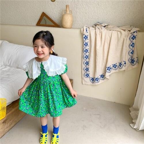 Korean style baby girls lace turndown collar short sleeve loose dress 1-6 years children cotton floral casual dresses