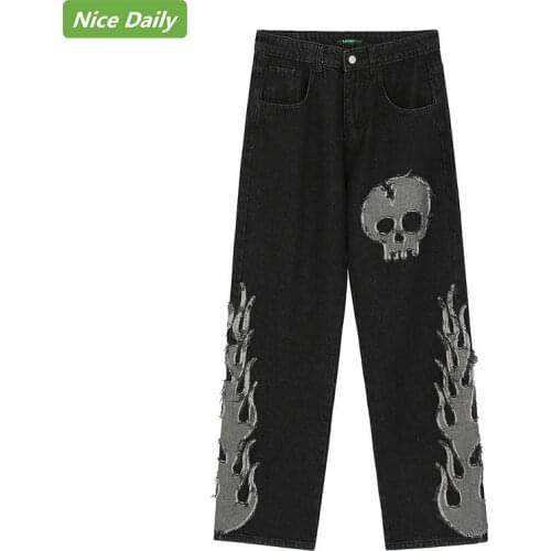 NiceDaily Autumn Winter High Street Skull Embroidery Stitching Straight Wide-Leg Mens Jeans Trousers Hip-Hop Elastic Loose Jean