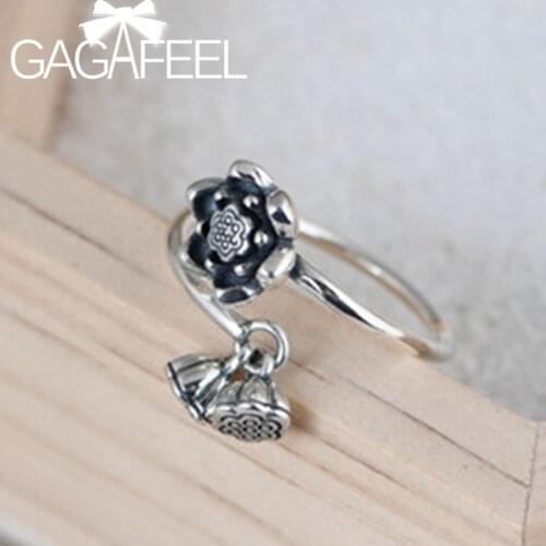 GAGAFEEL 925 Sterling Silver Vintage Lotus Tassel Open Rings Wholesale Womens Fashion Literary Temperament Simple Fine Jewelry