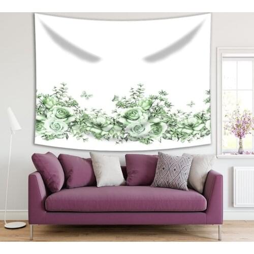 Tapestry Butterflies Roses Flowers Leaves Classic Floral Pattern Monochromic Artwork Green White
