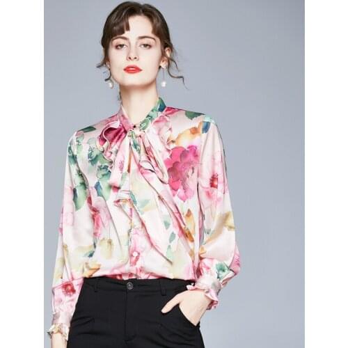 JSXDHK Fashion Runway Spring Autumn Flower Print Blouses Elegant Women Bow Collar Satin Flower Pink Office Ladies Shirt Tops