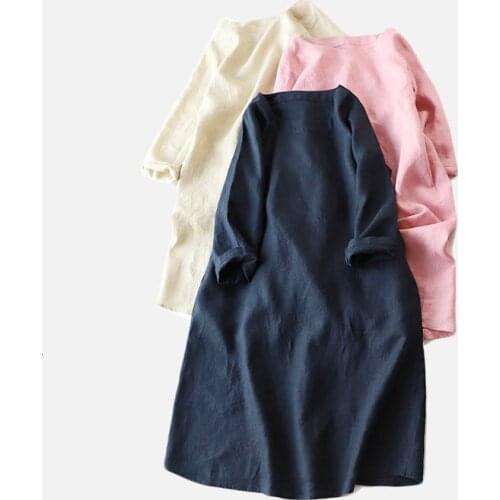 Classic Wind Full Flax 7 Part Sleeve Dress Easy Comfortable A A-line Skirt Literature Suit-dress 9017