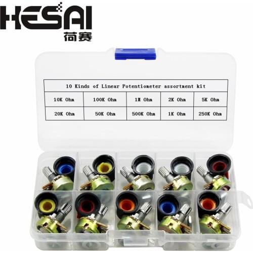 WH148 Potentiometer Kit B1K 2K 5K 10K 20K 50K 100K 500K 1M 15mm Linear Taper Rotary Potentiometer Resistor Set 3pin With Cap