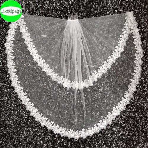 Short Wedding Bride Veil 2021 Two Layer Voile Mariage Welon Slubny Lace Edge Velo De Novia Sposa Weeding Accessoire Metal Comb