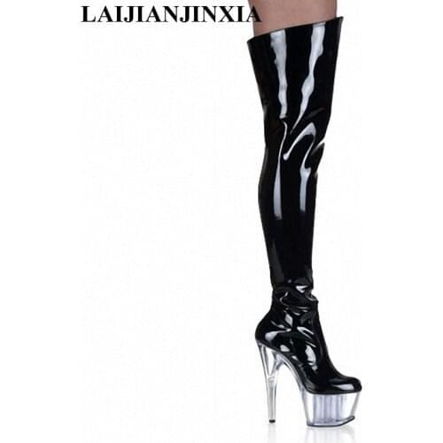 LAIJIANJINXIA 15cm ultra high heels boots barreled crystal platform japanned leather performance shoes plus size 46 Dance Shoes