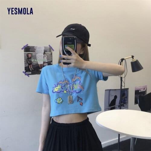 YESMOLA Summer High Waist Exposed Navel Women T-shirts Y2k Streetwear Ladies Crop Top Tshirt Harajuku Sexy Female Slim Tee Top