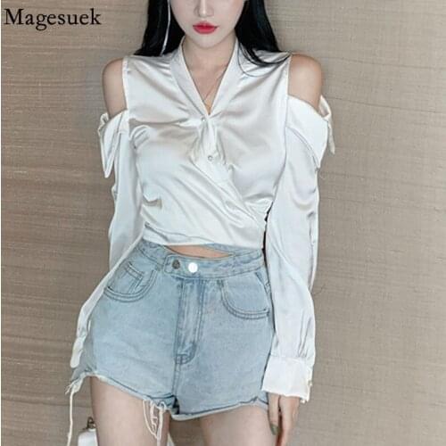 Fashion Slim Bandage Short Tops Sexy Off-shoulder Chiffon Shirts V-Neck Long Sleeve Chic Strappy Black Women Blouse Blusas 16092