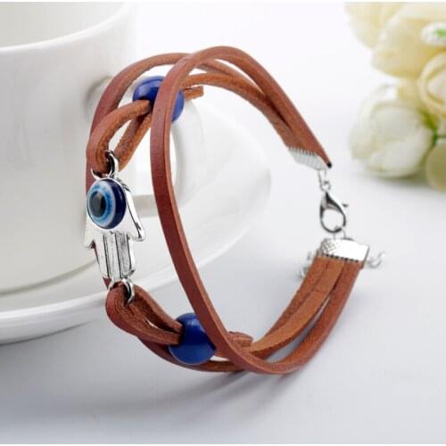 Trendy New Blue Evil Eye Turkey Eye Hand Shape Multilayer Lether Rope Chain Bracelets Bangles Amulet For Women Men Jewelry Gift