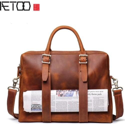 AETOO Mens crazy horse skin handbag, leather high-capacity computer bag, cowhide shoulder-to-shoulder cross briefcase