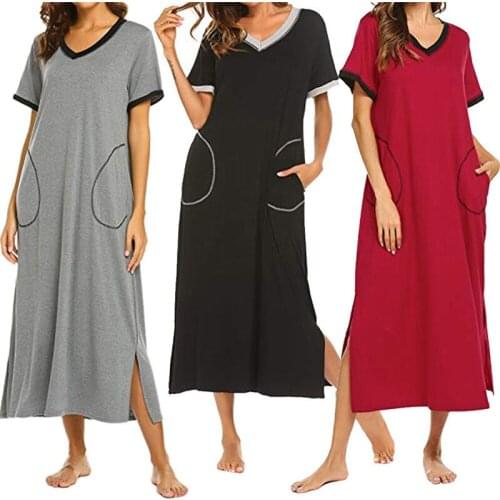 2019 Hot Women Nightgowns V-neck Sleepdress Autumn Mid-calf Nightwear Womens V-split Nightdress Long Sleepwears For Female