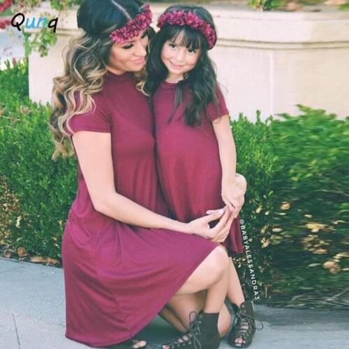 Qunq Mother and Daughter Dress 2021 New Summer Casual Cotton Matching Family Outfits Solid Color O-neck Women Girls Clothes