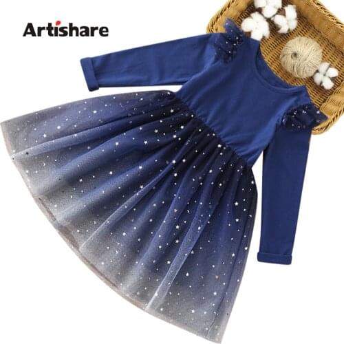 Girls Princess Dress Star Mesh Dress For Kids Girl Long SLeeve Kid Dress Spring Autumn Childrens Clothing