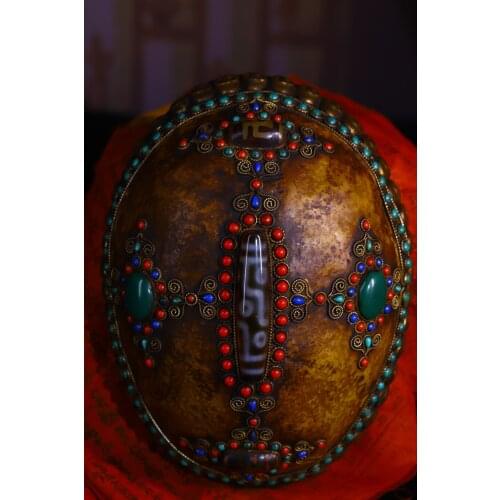 8"Tibet temple Old Tibetan silver mosaic gem Takaishi Dzi Gabala Bowl skull head tantrick Kapala Bowl Cup Town House Exorcism