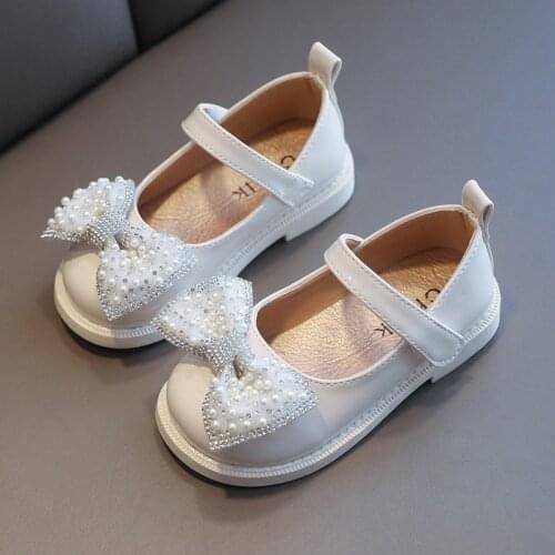 Black Leather Shoes Girls Summer Single Shoes 2021 New Children Soft Bottom Pearl Bow Princess Shoes Sweet Leisure Lady Flats
