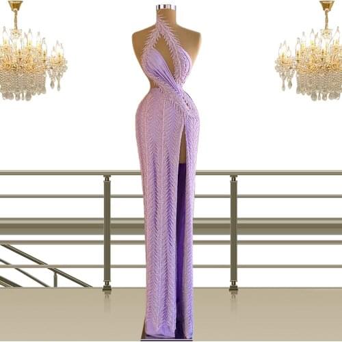 Lilac Color Evening Dress Women High Split Gown Celebrity Dresses Saudi Arabic Turkish Prom Wear Clothing Haute Couture CXF288