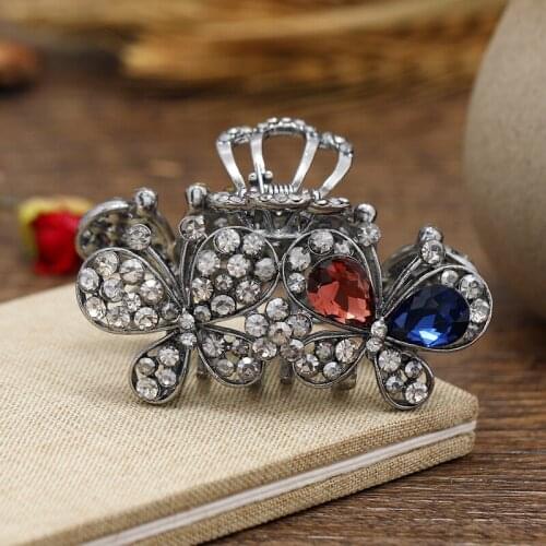 Morkopela Vintage Hair Clip Claw Rhinestone Flower Peacock Hair Pin Crystal Hair Claws Crab Accessories For Women