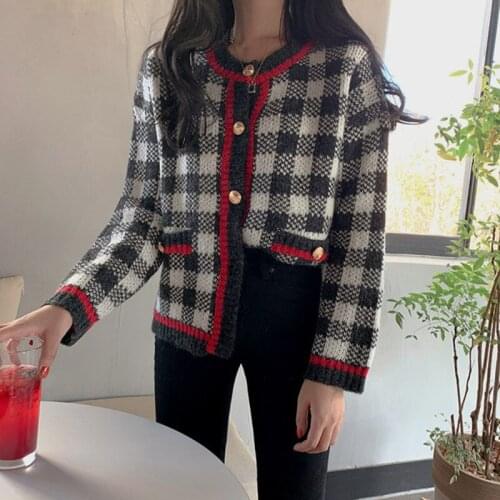 New Plaid Knitted Sweater Cardigan Women O-neck Long Sleeve Contrast Color Patchwork Coat Autumn Winter Warm Korean Clothing