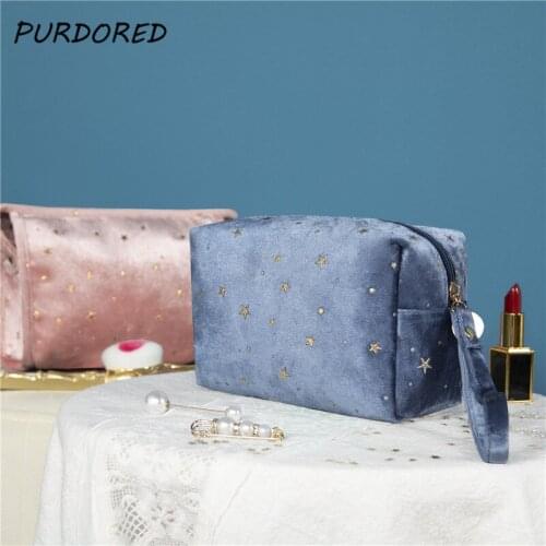 PURDORED 1 Pc Vintage Women Velvet Cosmetic Bag Zipper Gold Star Makeup Bag Solid Color Female Travel Make Up Pouch Beauty Case