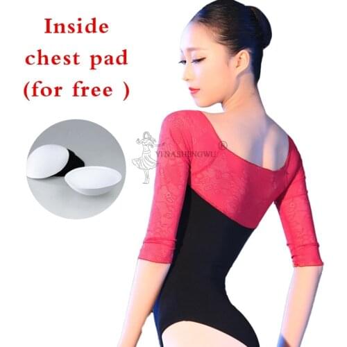 Women Black Lace Dance Leotards Three Quarter Sleeve Ballet Leotards Adult Ballet Practice Dance Costume Gymnastics Leotards