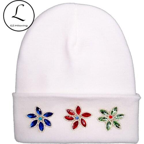 GZhilovingL Womens Flower Rhinestones Beanies Hats Winter 2019 design Soft Warm Cotton Knit hat Caps Ladies Girls Gorros Bonnet