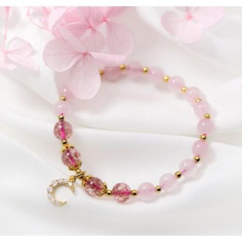 Charm Bracelets & Bangles with Pink Crystal Bracelet Femme for Women Jewelry Natural Strawberry Quartz Bracelet 925 Silver Jewel