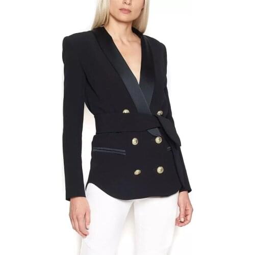 Women Vintage Luxury Runway Designer Elegant Blazer Long Sleeve Suit Jacket Coat Double Breasted Blazers Femme Tops With Belt